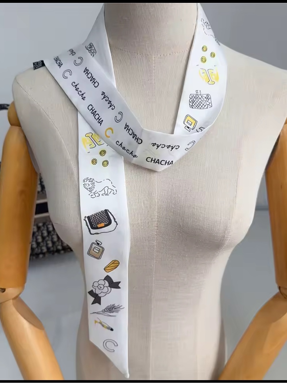 White Printed Silk-Look Narrow Scarf with Yellow & Black Accents